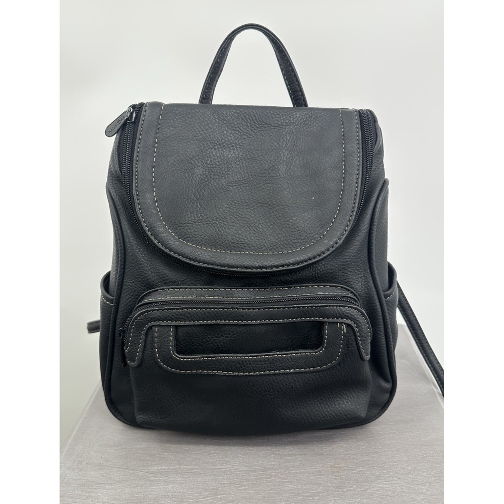 MultiSac‎ Faux Leather Mini Backpack Black Organizer Travel Bag Zipper Purse